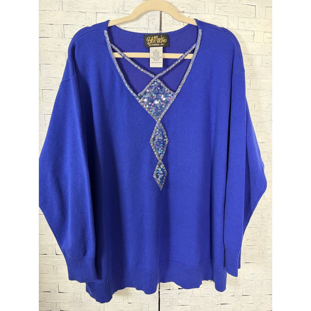 Vintage Bob Mackie women's sweater beaded royal blue‎ feminine plus size
